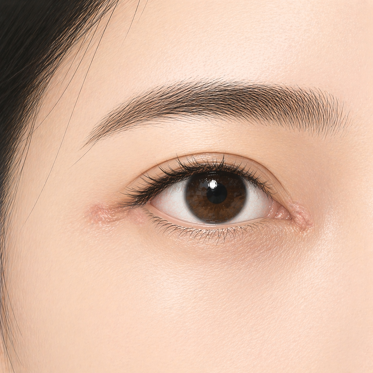Close-up of a brown iris eye with surrounding skin, lashes, and eyebrow visible.