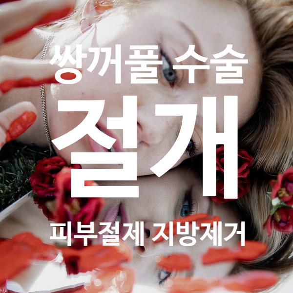 Close-up of a woman's face overlaid with large white Korean text, advertising cosmetic surgery services (double eyelid surgery and fat removal).