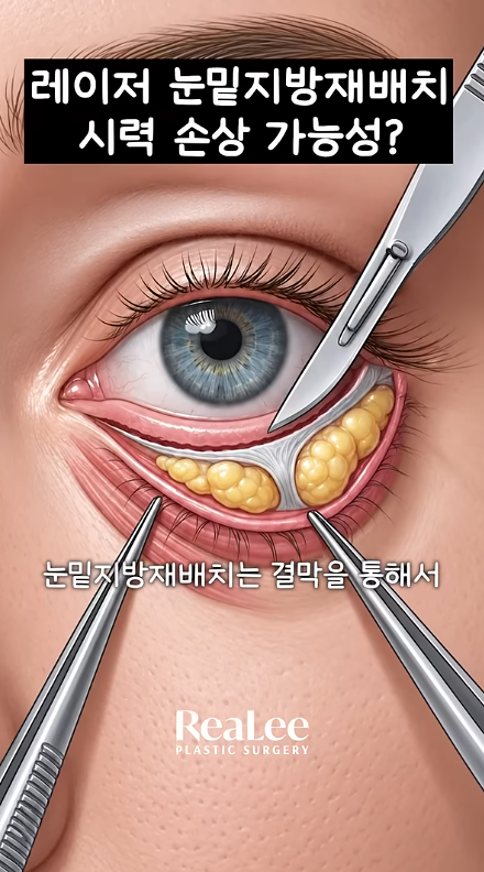 Korean medical illustration of lower eyelid fat repositioning surgery with surgical instruments near the eye; headline asks about potential vision damage (시력 손상 가능성).